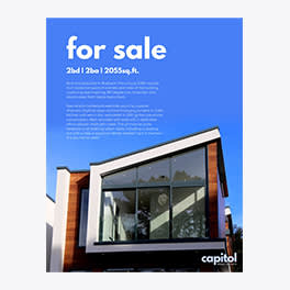 Light blue sky flyer template with a modern home. Big white lowercase text reads "for sale" with details in small text below it.