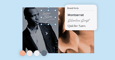 Brand Kit showing a man in a template, fonts and colors