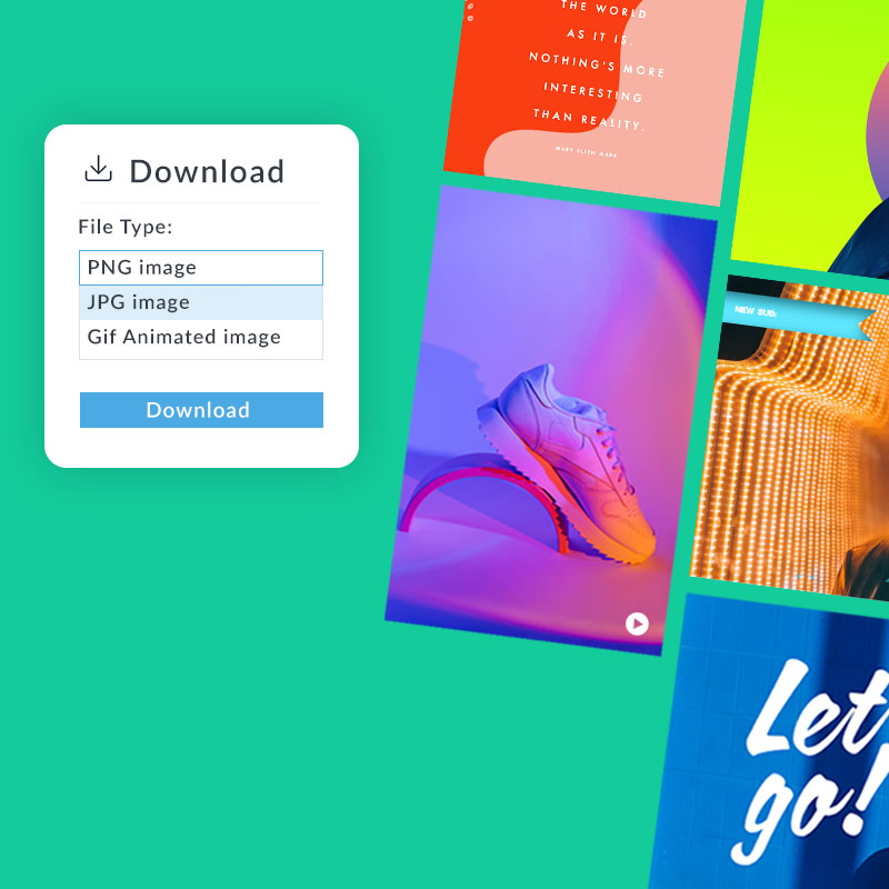 Electric green background showing various neon templates and download options for PNG, JPG, and GIF animated image.