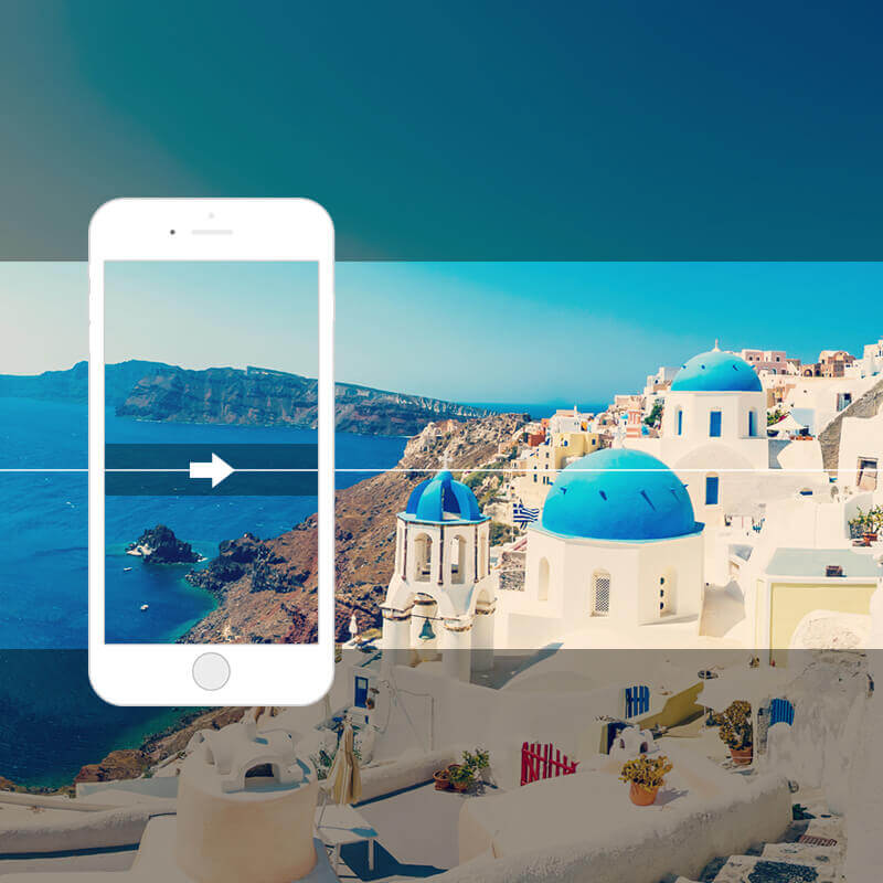 Graphic showing what a panorama picture of a city looks like when taken on a phone. 