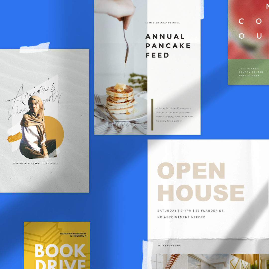 PicMonkey flyer and poster templates against a blue background. 