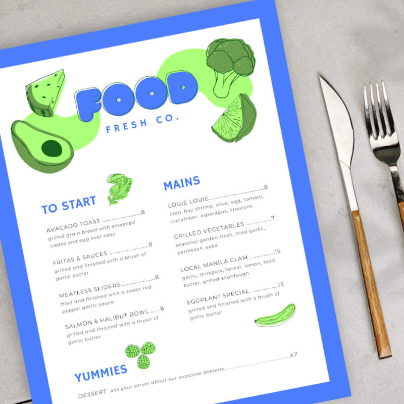 What's cooking trend food menu: Light blue border with fun, bubble blue "FOOD" title. Bright green graphics alongside the title of avocado, broccoli, and cheese. Sections designated in light blue font and itemized black text below for menu items.