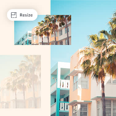 Image of sunny beachside condo in different sizing formats, touting PicMonkey's Resize tool. 