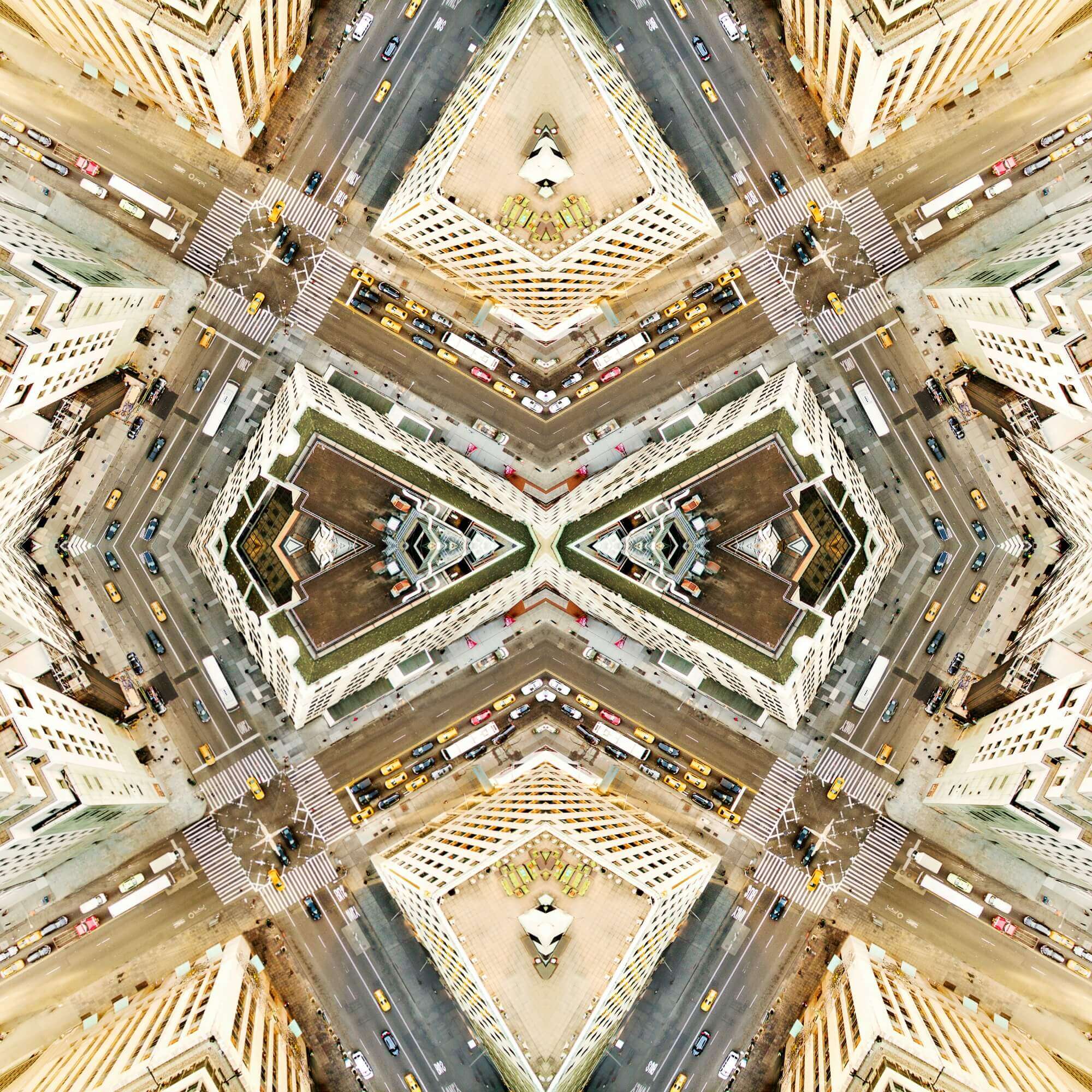 A mirror image example with aerial view of a highway. Beige, grey, brown colors creating kaleidoscopic design.