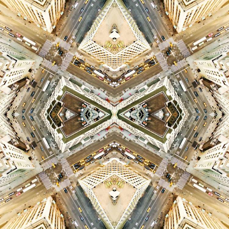 A mirror image example with aerial view of a highway. Beige, grey, brown colors creating kaleidoscopic design.