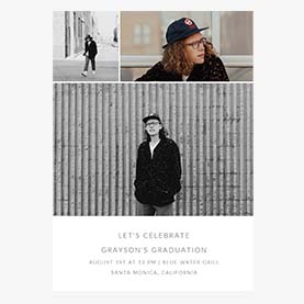 Graduation invitation template design, featuring photo collage and text at bottom. 