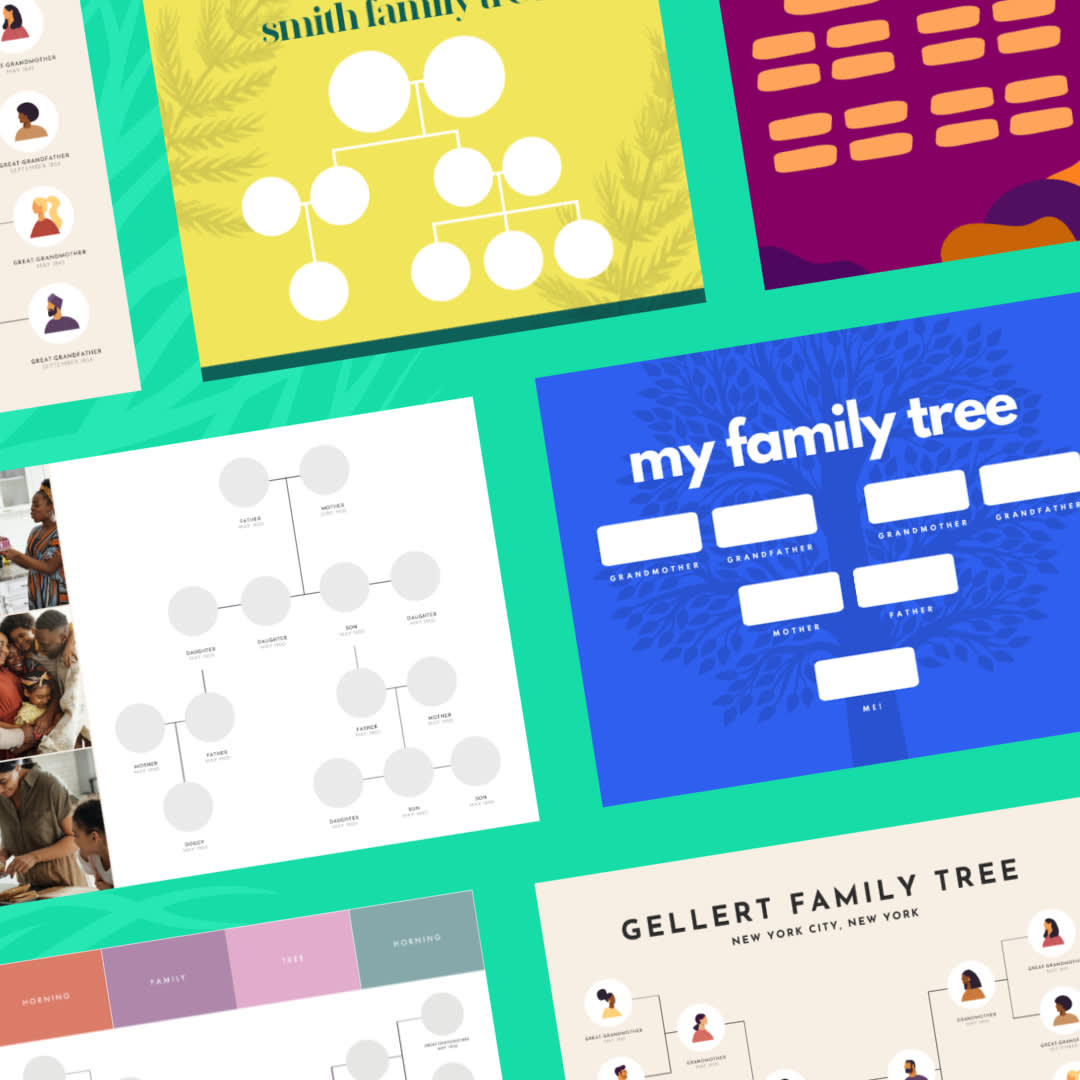 Collage of colorful PicMonkey family tree templates against teal background.