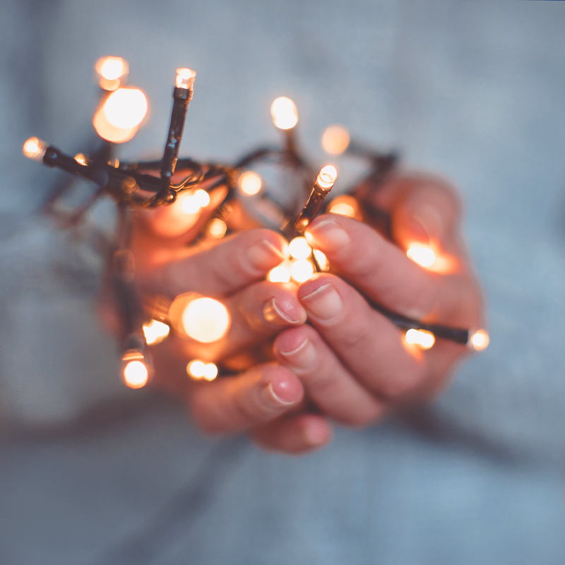 Hands holding a bundle of Christmas lights.