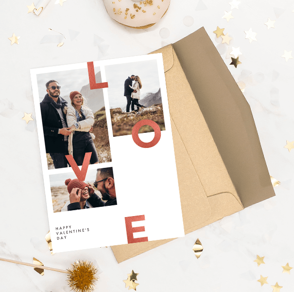 White collage-style Valentines photo cards with three pictures of a couple smiling together in nature. Red text spells "L O V E" in all-caps on top of the card. Background is grey with gold stars.