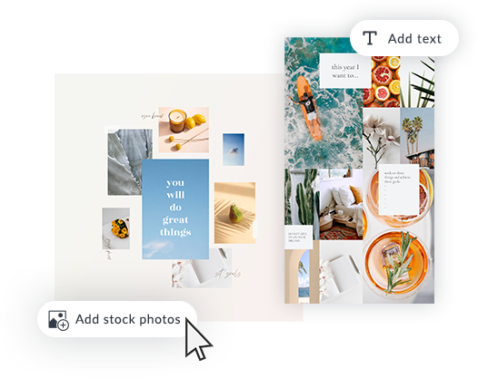 PicMonkey vision board templates, highlighting tools that can be used to customize a design, like adding stock photos or adding text.