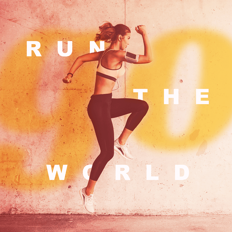 Layered design of exercising woman with warm colors and "Run the world" text in athletic running position.