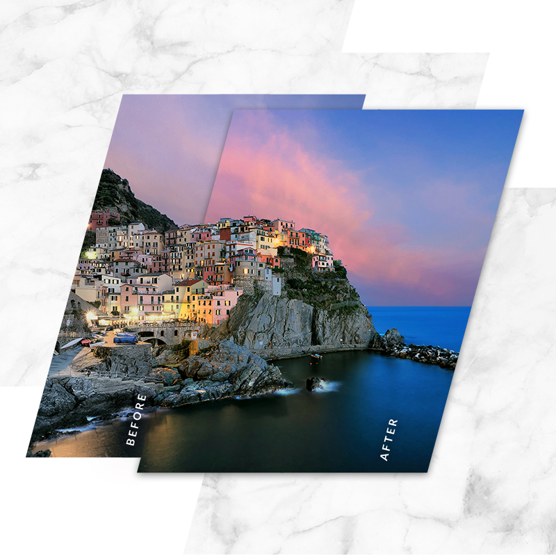 Before and after of an edited seaside city photo. 