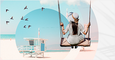 Photo montage showing a woman on a swing photo combined with geometric shapes, textures and a photo of a beach and birds.
