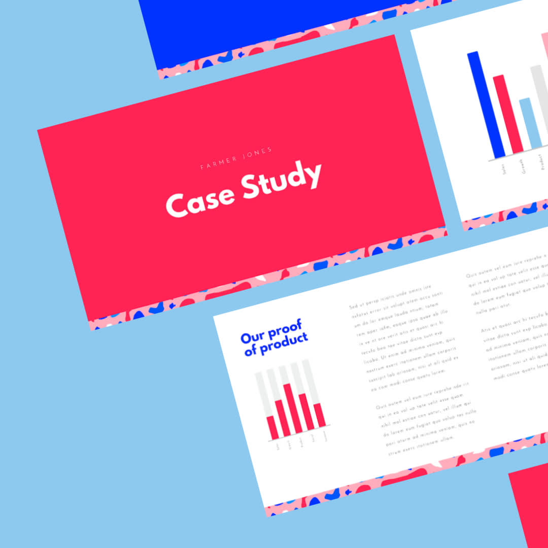 Colorful case study example with red, blue, and white color scheme. 