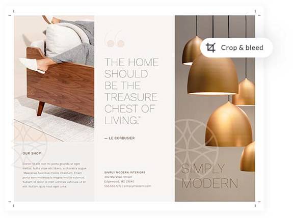 A PicMonkey brochure template with crop and bleed marks set for printing.