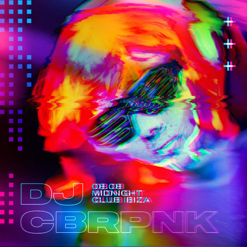 Neon rainbow colored image that reads "DJ CBRPNK" in rainbow outlined letters. Neon red haired person with futuristic black party glasses and DJ headphones. Background is shades of greens, yellows, blues, purples blended. Pixelated graphics on left side.