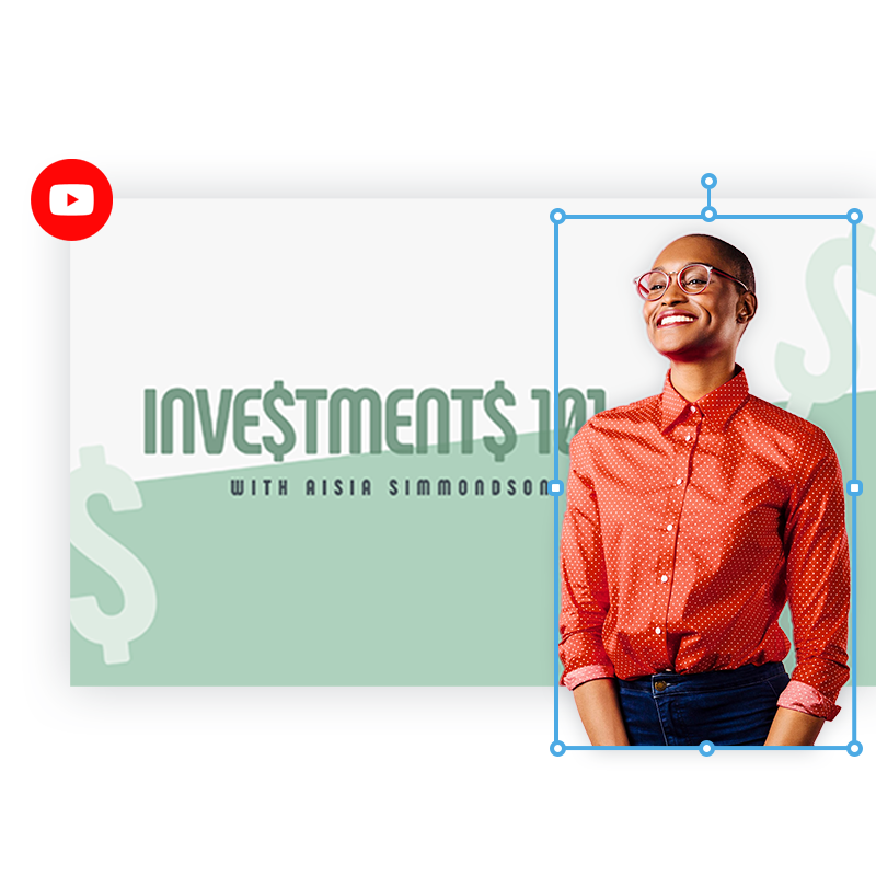 Perfectly sized YouTube thumbnail with smiling woman in orange button up, white and money-green background, and text "Investments 101 with Aisia Simmondson."