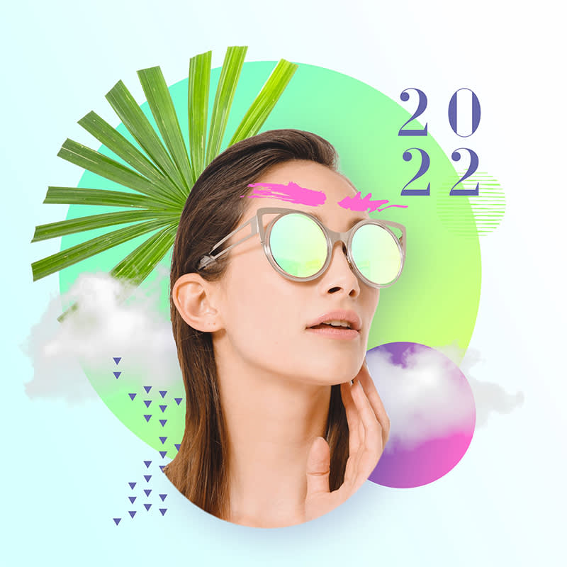Graphic design trends 2022: Multi-layered design featuring woman with gradient-tinted sunglasses, various graphics and textures, & "2022" text.
