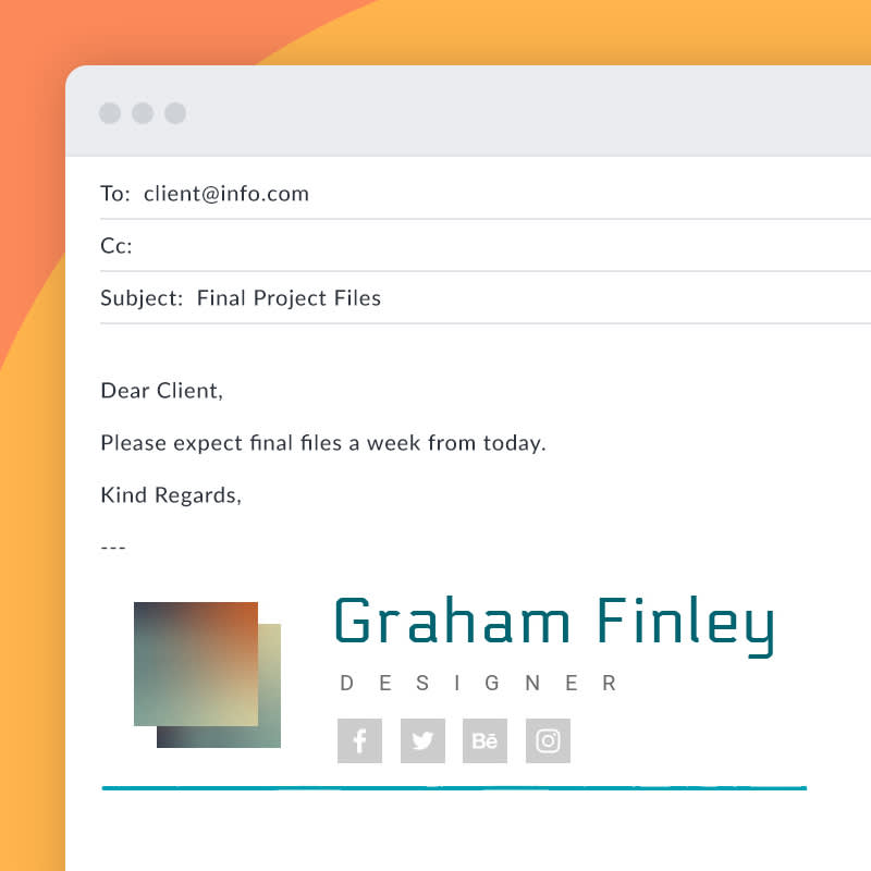 Email signature design: "Graham Finley, Designer." With social icons and two gradient colored squares, one offset on top of the other. 