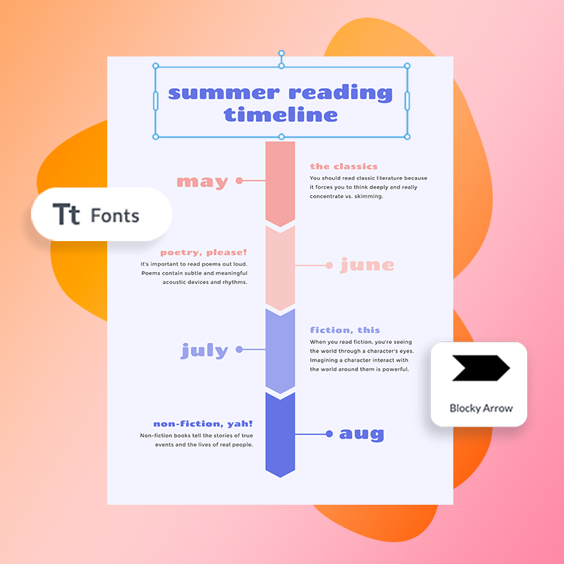 Summer reading timeline template with pinks and purples against orange and pink gradient background.