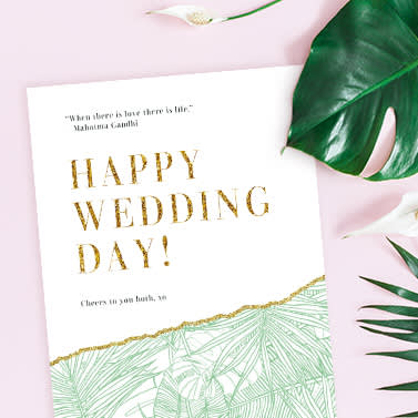 Wedding card design at PicMonkey, with green floral graphics, gold glitter texture, and text "Happy Wedding Day!"