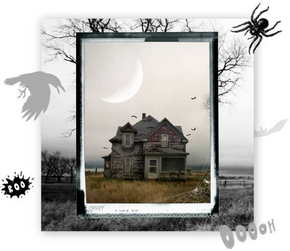 Halloween design at PicMonkey: Spooky house with polaroid frame frame around it and text, "CREEPY."