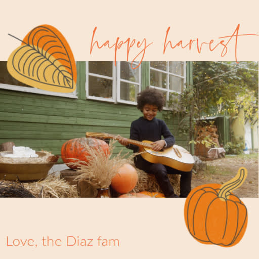 Halloween design with image of girl sitting outside with guitar, Halloween font that reads "happy harvest," and leaf/pumpkin graphics.