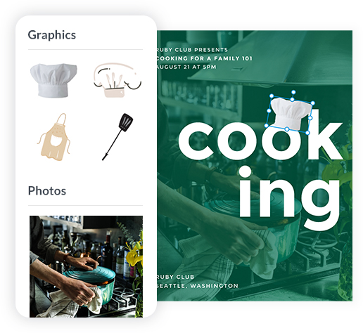 Cooking class flyer with graphics and stock photography being added to the design.