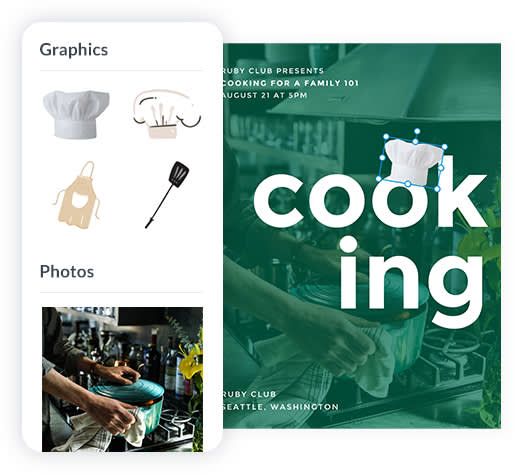 Cooking class flyer with graphics and stock photography being added to the design.