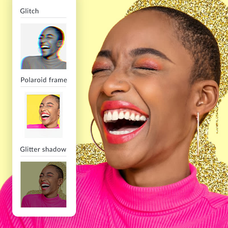 Smiling woman in pink turtleneck with glitter shadow effect applied to background. 