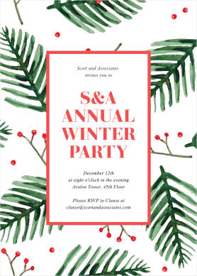 Annual Winter Party holiday card template with white background, winter floral graphics, and red outlined rectangular box with text inside it.