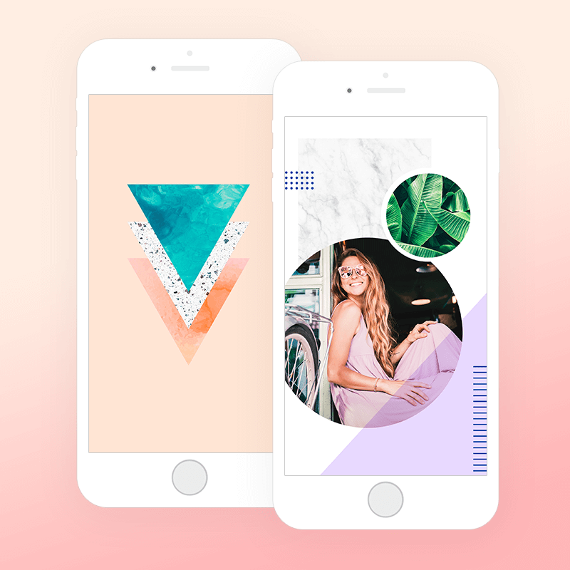 Two white iPhones displaying various background colors. Left iPhone: light salmon background with teal, white speckled, and orange textured geometric shapes. Right iPhone: light purple and paper effect background with two circles – a girl and green leaves.