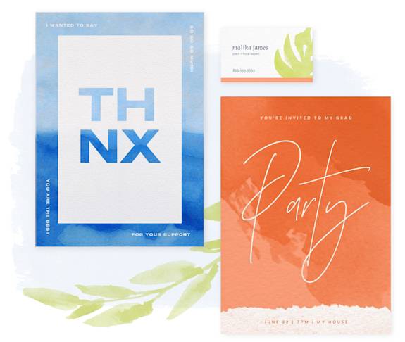 Watercolor-based thank you card design, business card design, and invitation design in multiple colors made in PicMonkey.
