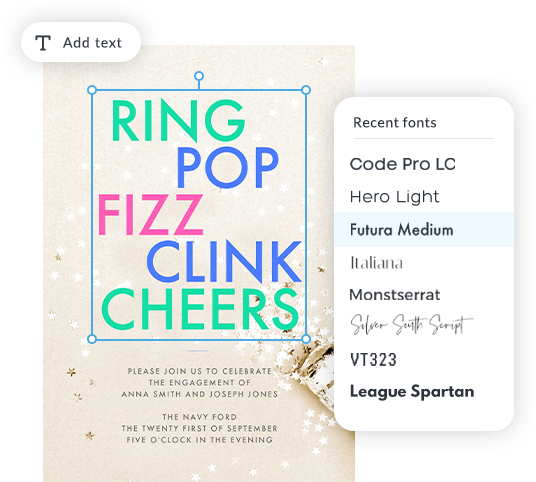PicMonkey engagement party invitation with text layer being added and font menu on right with recent fonts displayed. 
