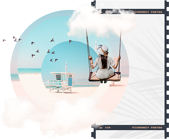 Photo montage showing a woman on a swing photo combined with geometric shapes, textures and a photo of a beach and birds.