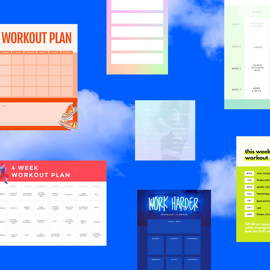 Workout and fitness plans made in PicMonkey on blue background with clouds