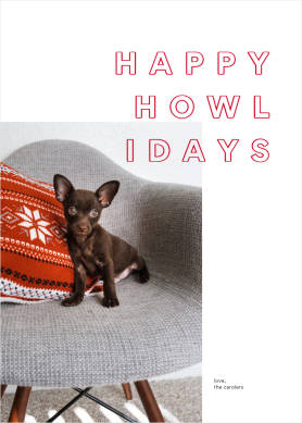 Happy Howlidays Christmas card template with white background, image of puppy, and red text "HAPPY HOWLIDAYS."