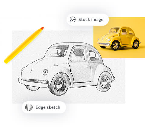 Image of yellow car transformed into printable coloring page using PicMonkey's Edge Sketch effect. 