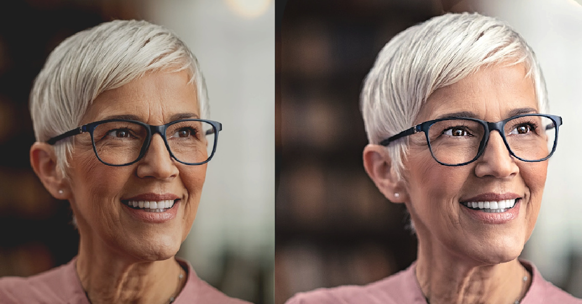 Fotos de antes y después de un retrato ligeramente retocado de una mujer mayor con gafas y cabello corto y blanco.