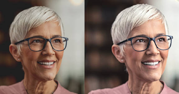 Fotos de antes y después de un retrato ligeramente retocado de una mujer mayor con gafas y cabello corto y blanco.