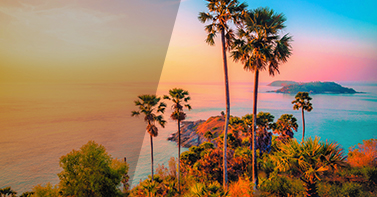 foto de puesta de sol tropical con efectos de mejora antes y después