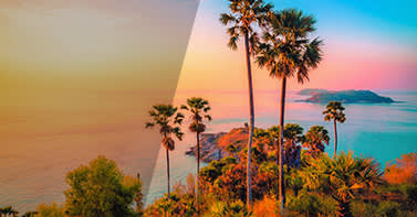 foto de puesta de sol tropical con efectos de mejora antes y después