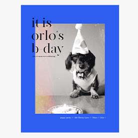 "Orlo's b-day" invitation template, with blue background and centered image of dog wearing party hat.