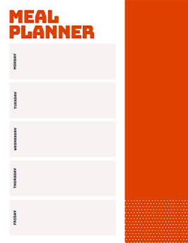 Meal planner template with red, gray, and black color scheme.