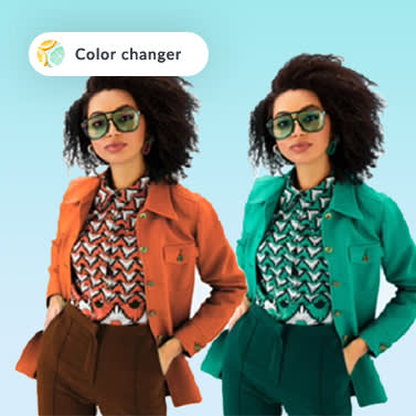 Woman with sunglasses and business outfit. Duplicated to show PicMonkey's color changer, with one image of woman in orange and the other in green. 