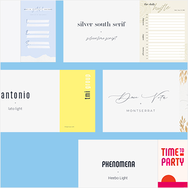 Font pairings, like Antonio + Lato Light and Phenomena + Heebo Light, set against a light blue background.