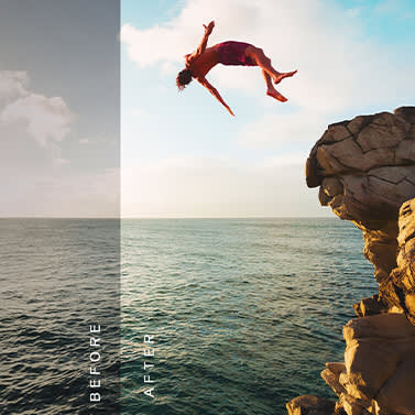 Before/after or man diving off sea cliff, showing change in underexposed to normal looking image. 