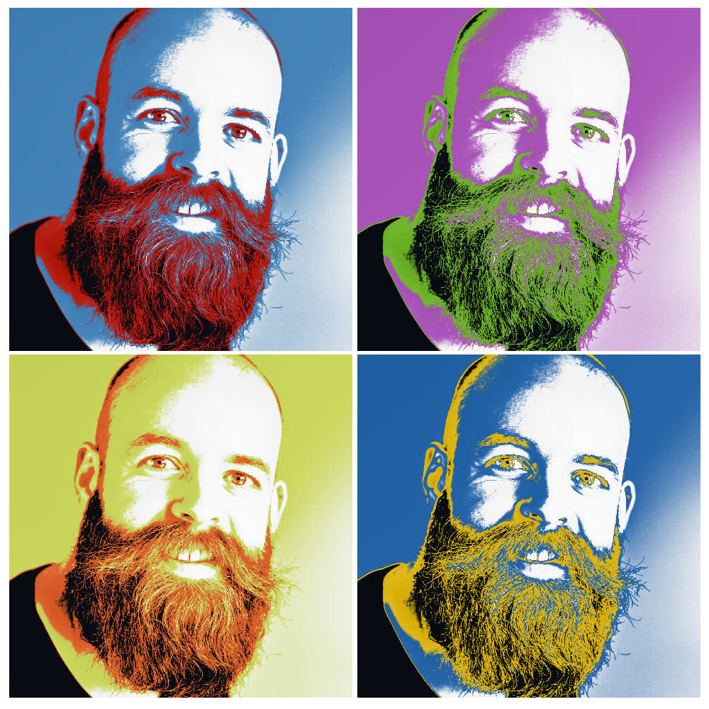 Same man in four collage squares with applied pop art filter of varying color combos: blue and red, green and pink, orange and blue, and orange and purple.