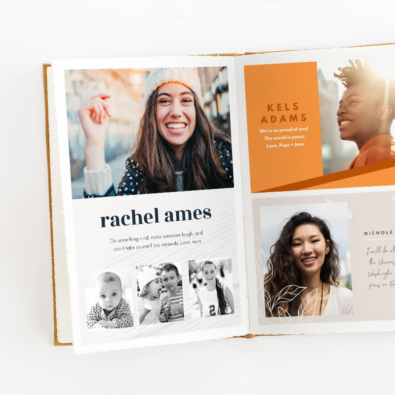 Four senior yearbook ad examples. Left to right: a smiling girl with a beige beanie, orange background of boy smiling in the sun, black and white photo of girl baby to senior, smiling girl with floral graphics.