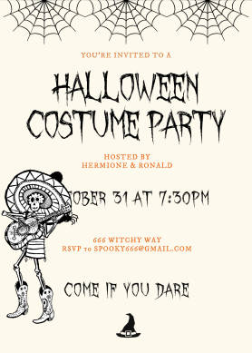 PicMonkey Halloween invitation template for Halloween costume party, with skeleton, spiderweb, and witch's hat graphics, and Halloween-themed font. 
